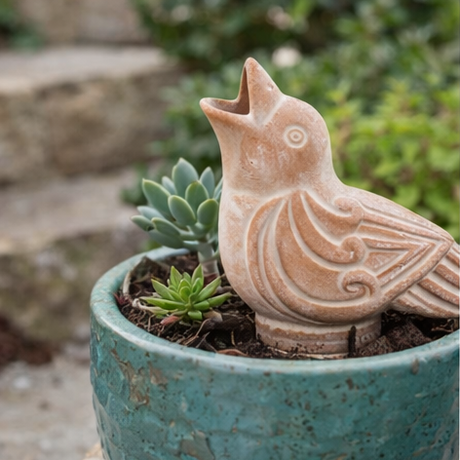 terracotta watering spike bird shaped