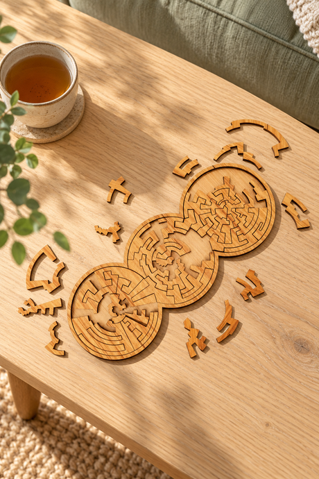 Three Rings wooden puzzle with loose pieces on an oak coffee table beside a cup of tea and sage sofa.