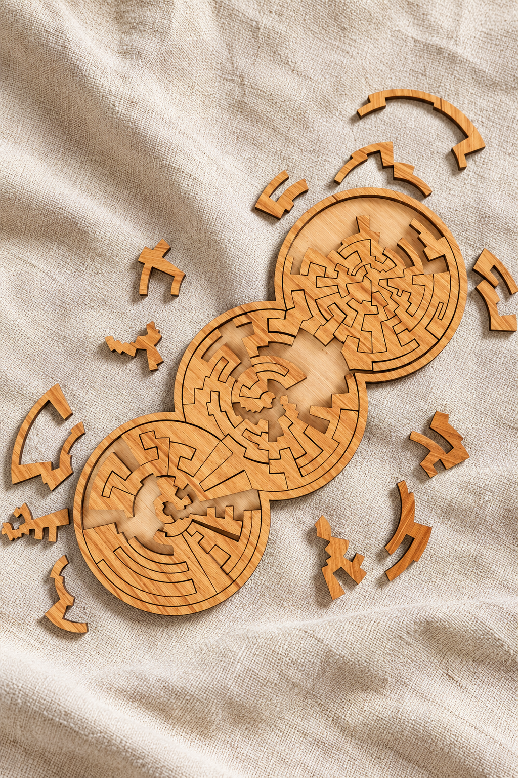 Close-up of the Three Rings plywood puzzle on linen, showing wood grain and intricate laser-cut pieces.