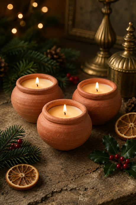 Three small terracotta clay candle holders with lit candles, arranged on a rustic stone surface with pine branches, dried orange slices, holly leaves, and warm holiday lights in the background.