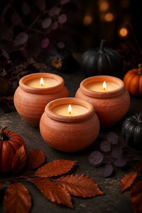 Three lit clay candle holders in terracotta orange-brown tones, arranged on a dark tabletop with autumn leaves, small pumpkins, and warm blurred lights in the background.