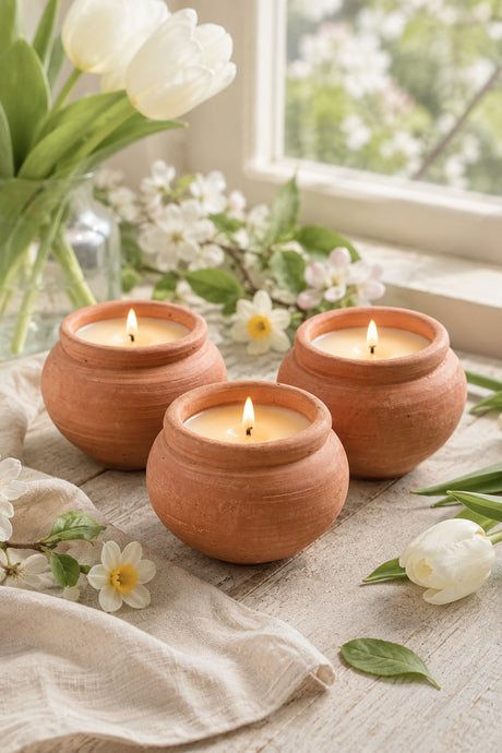 Three small terracotta clay candle holders with lit candles, arranged on a light fabric surface near a window with white tulips and blossoms.
