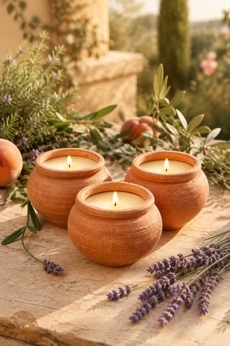 Three small terracotta clay candle holders with lit candles, styled on a rustic stone surface with lavender sprigs, greenery, and peaches in a warm outdoor setting.