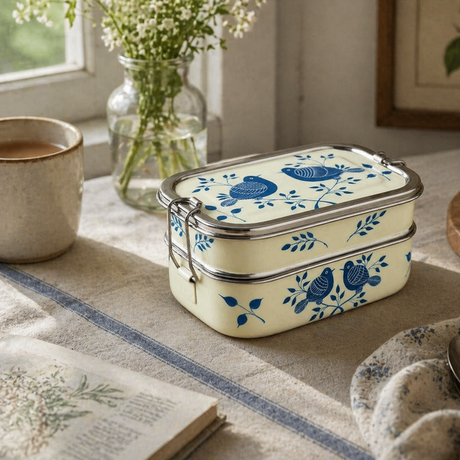 tiffin tin with blue bird design on set in kitchen 