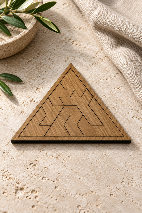 Assembled triangular oak-veneered tessellation puzzle on pale limestone beside natural linen.