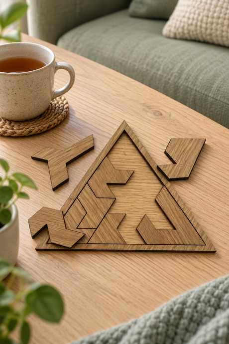 Triangle wooden puzzle with three loose pieces on an oak coffee table beside a cup of tea.