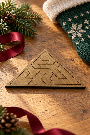 Assembled Triangle wooden puzzle styled on oak with a green Christmas stocking, burgundy ribbon and fir sprig.