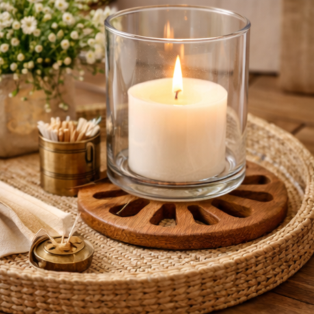 Wooden trivets being used with various items including a plant, teacup, pot of food, and candle.