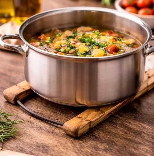 Stainless steel pot filled with a colorful soup on a wooden surface