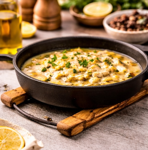 Hot dish in a black skillet on a wooden board with lemons and herbs in the background