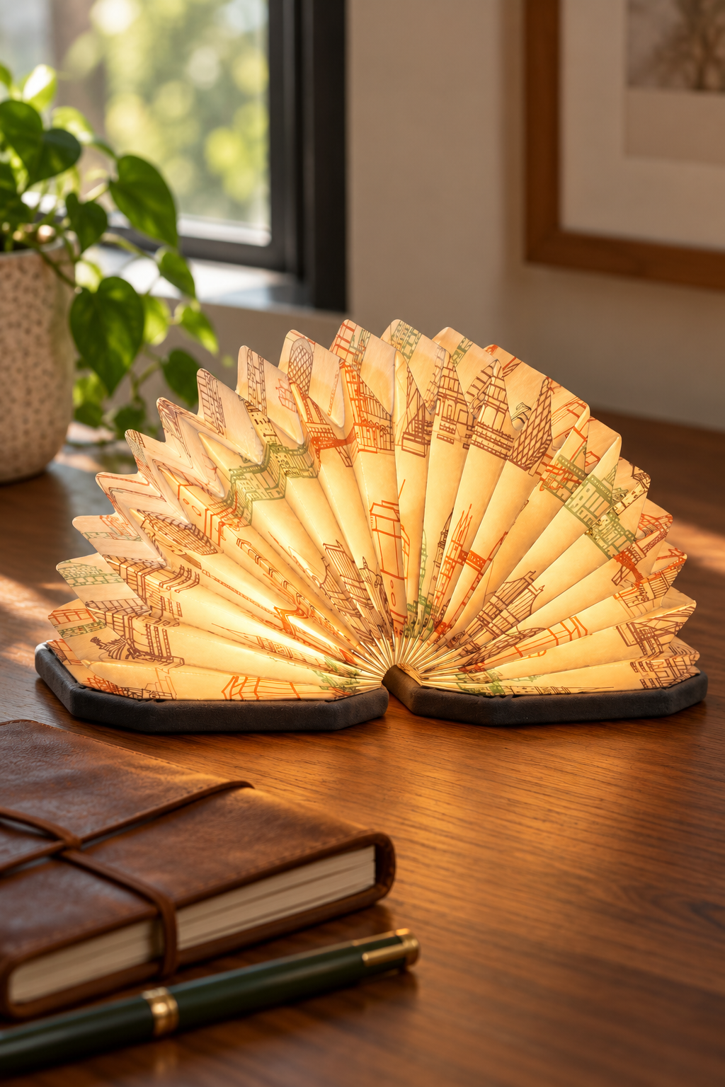 Close view of the Grey Landmark Velvet Accordion Lamp, showing illustrated buildings across illuminated pleats beside a travel journal.