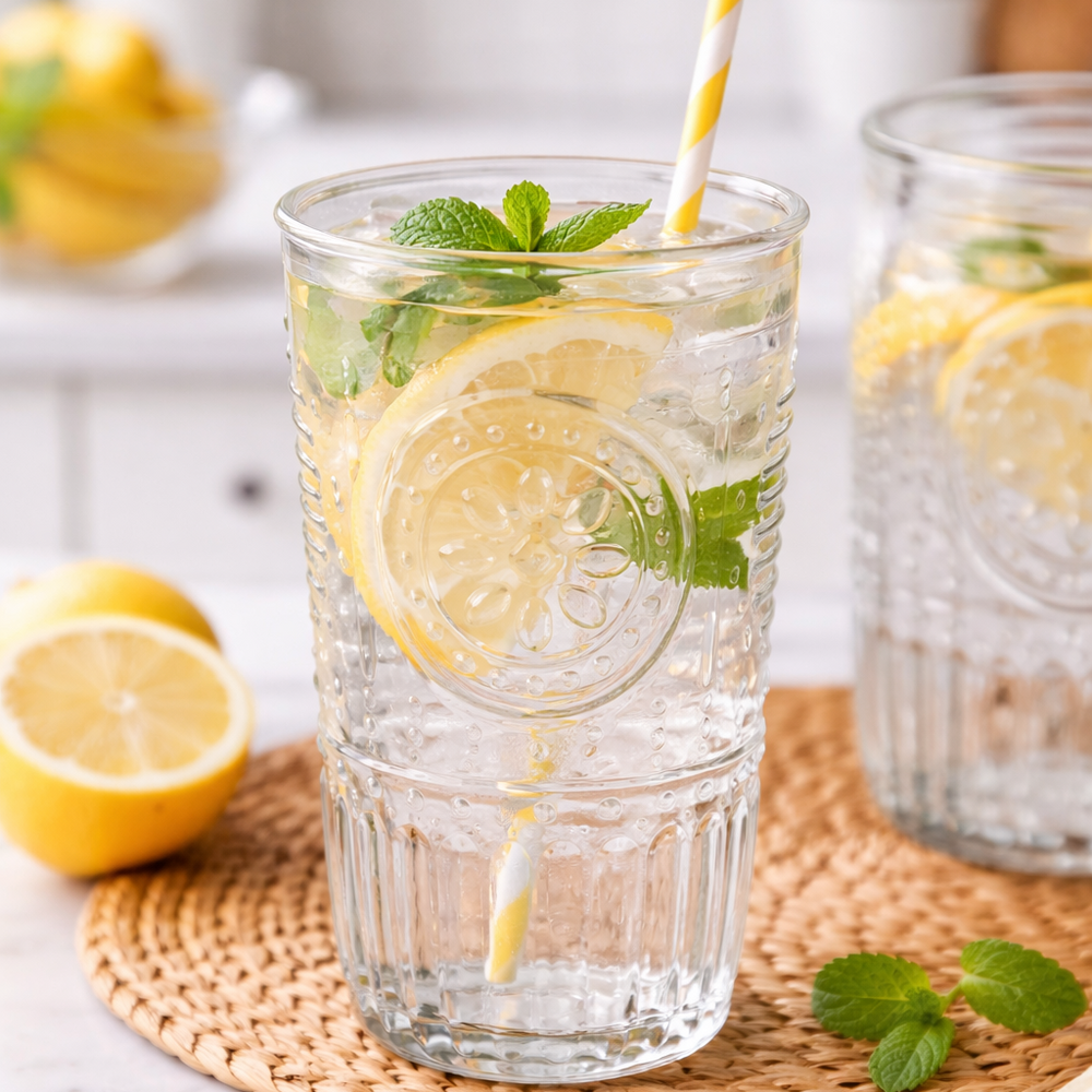 Glass of lemon water with a straw on a woven coaster, surrounded by lemons and mint leaves.