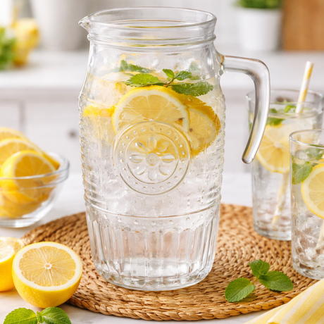Glass pitcher filled with lemonade on a marble countertop with lemons and mint leaves.
