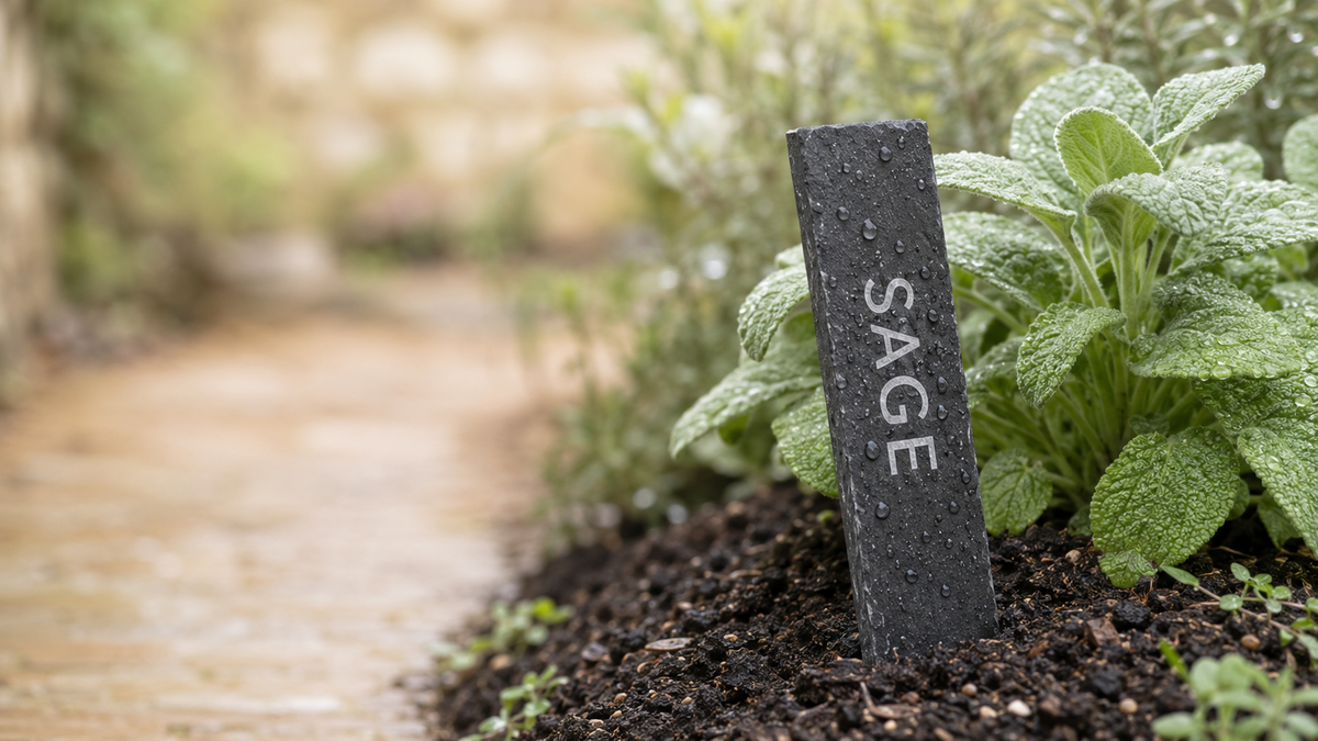 A slate rectangular garden marker engraved with the word 'SAGE', standing in dark soil next to green sage leaves in a garden bed.