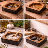 Wooden tray with various items on a wooden surface