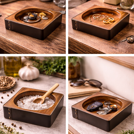 Wooden tray with various items on a wooden surface