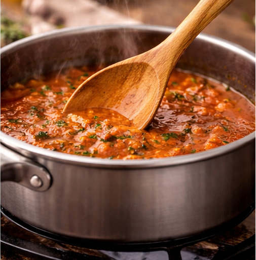 Stirring tomato sauce in a pot with a wooden spoon