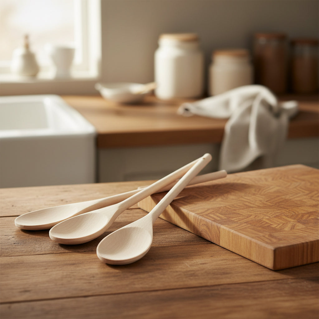 Set of four wooden spoons on a white background