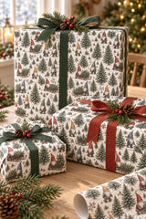 Three Vintage Forest gnome gift parcels with rust and green bows on an oak table.