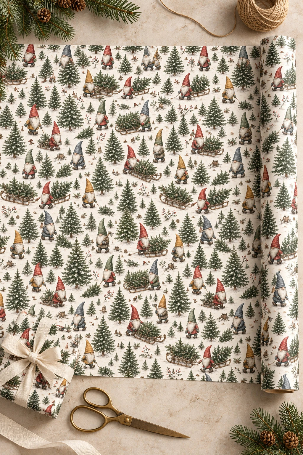 Woodland gnome wrapping paper unrolled beside a small cream-ribbon gift and scissors.