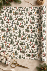 Woodland gnome wrapping paper unrolled beside a small cream-ribbon gift and scissors.