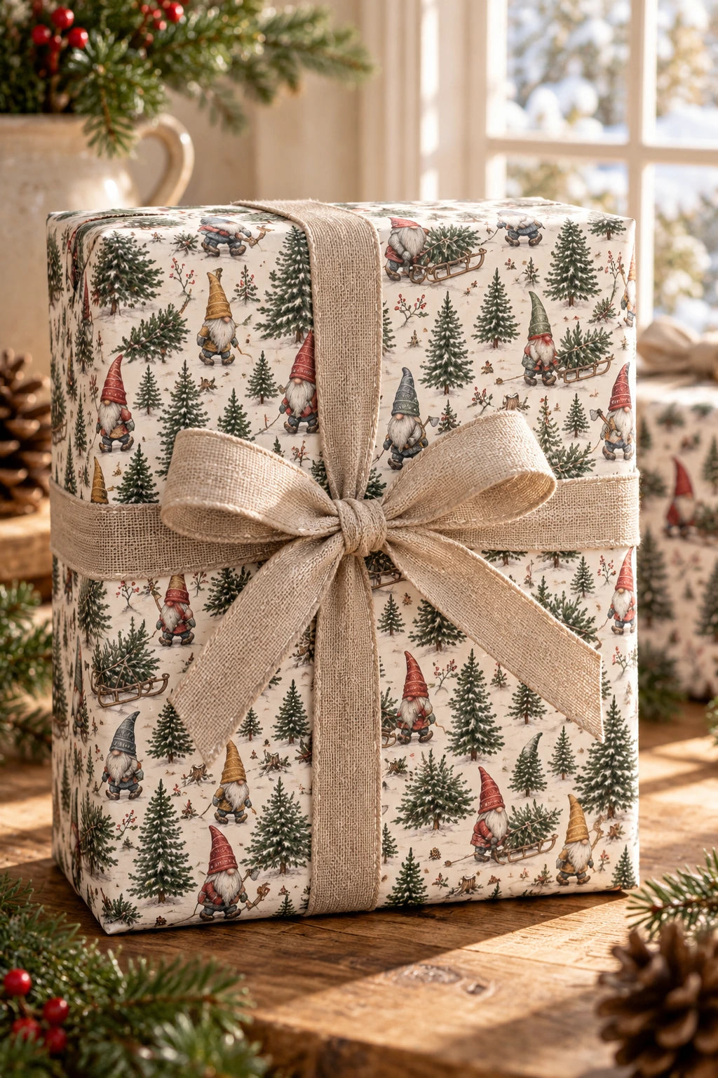Close-up of a Vintage Forest Christmas parcel tied with natural linen ribbon.