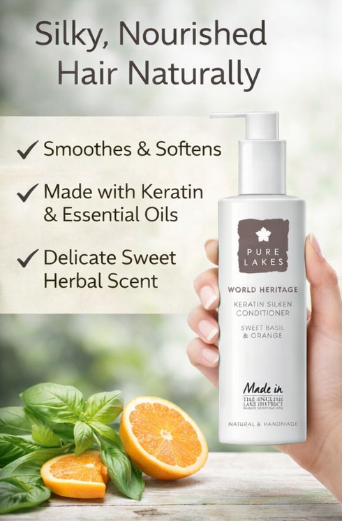 Advertisement for Keratin Silken Conditioner with product images and text highlighting benefits.