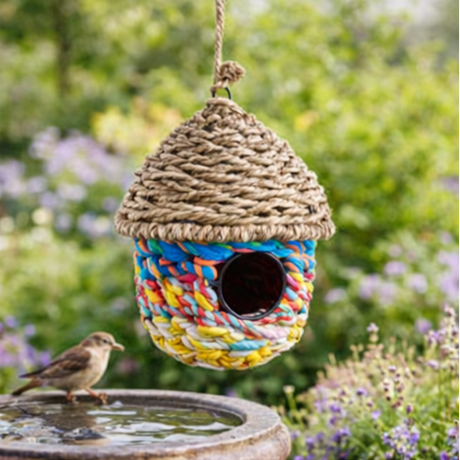 Colorful woven birdhouse hanging in a garden with flowers and trees.