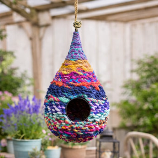 Collage of colorful woven birdhouses in a garden setting