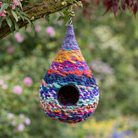 colourful woven birdhouses in a garden setting