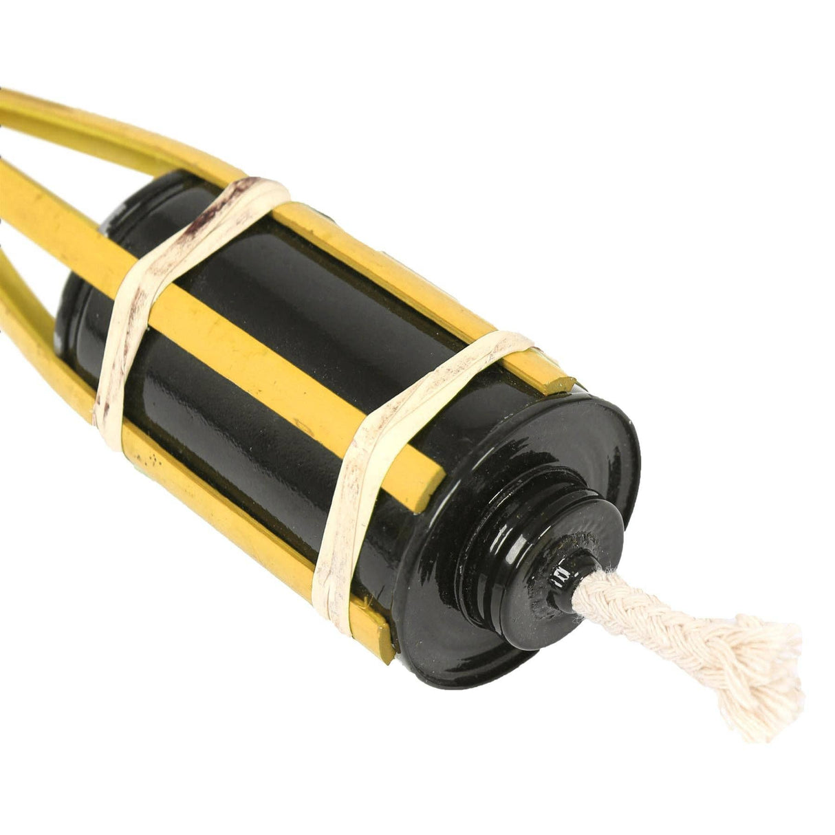 Black cylindrical object with yellow straps and a white rope on a white background