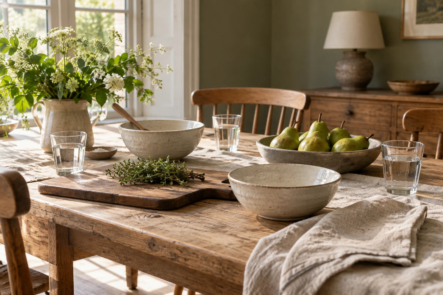 Wooden dining table with linen, ceramic bowls, pears, herbs and clear glasses.