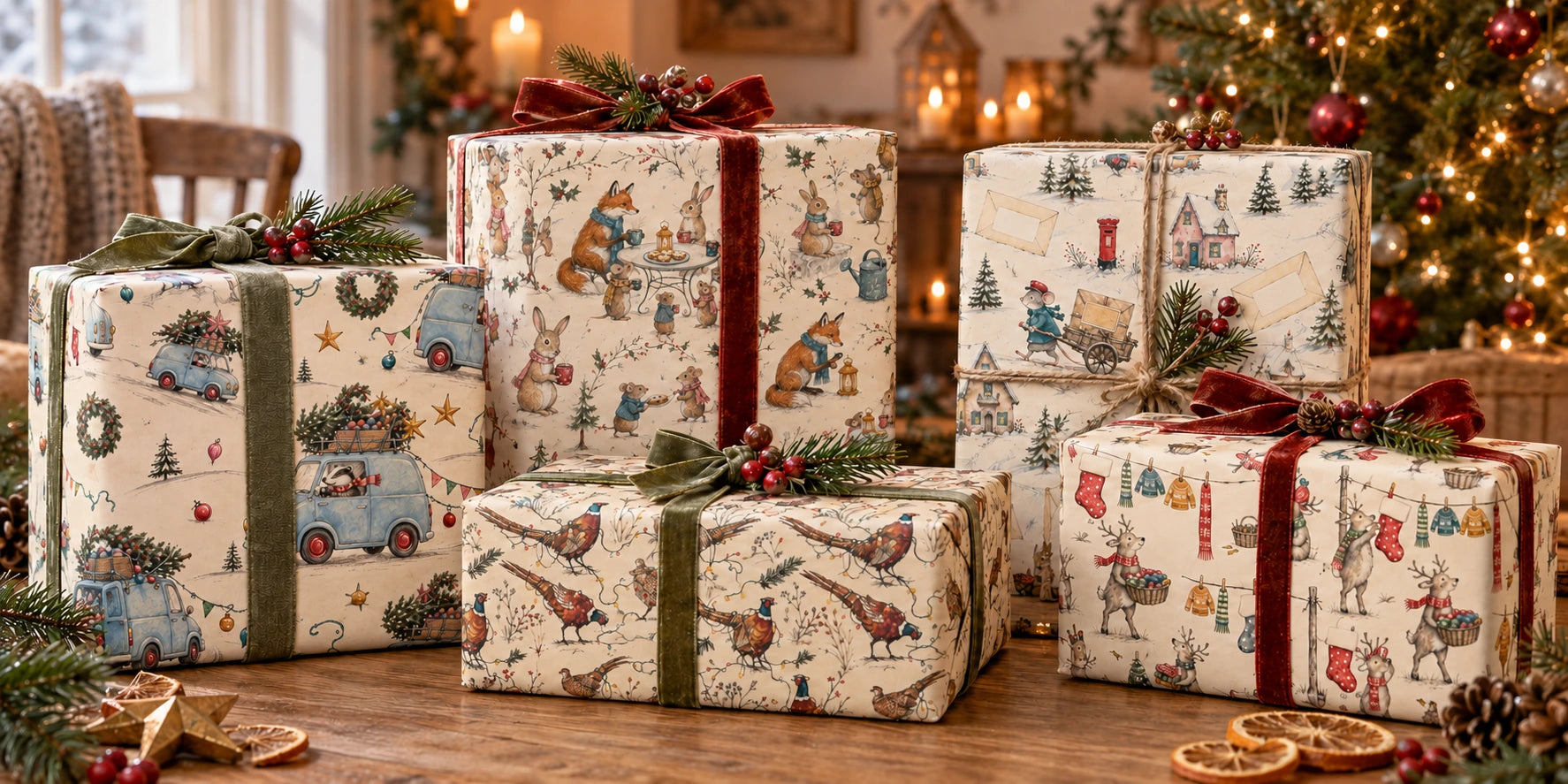 Five gifts wrapped in Byard’s Badgering Home, Pheasant, Woodland Party, Christmas Post Mouse and Washing Day at the North Pole papers, beside a glowing Christmas tree.