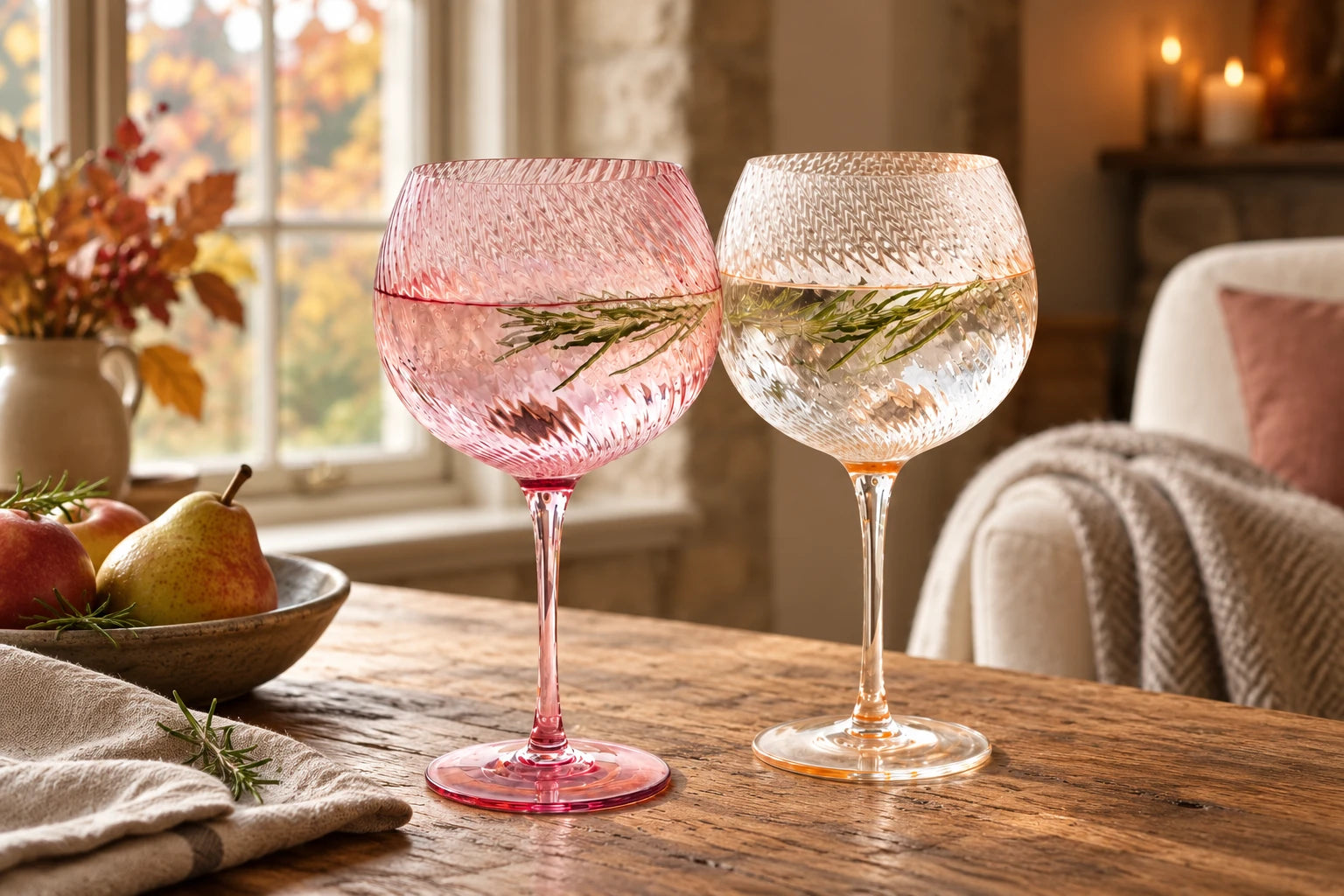Pink and peach twist wine glasses on an oak table in a cosy autumn cottage, with pears, linen and soft candlelight.