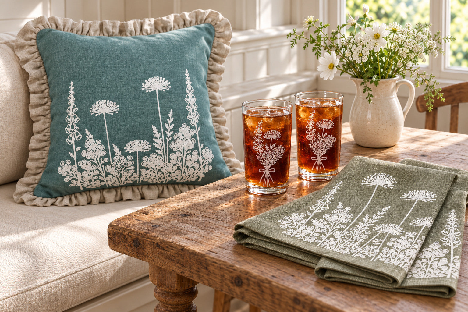 Florilegium duck egg botanical cushion, sage printed tea towels and floral etched glass tumblers arranged together.