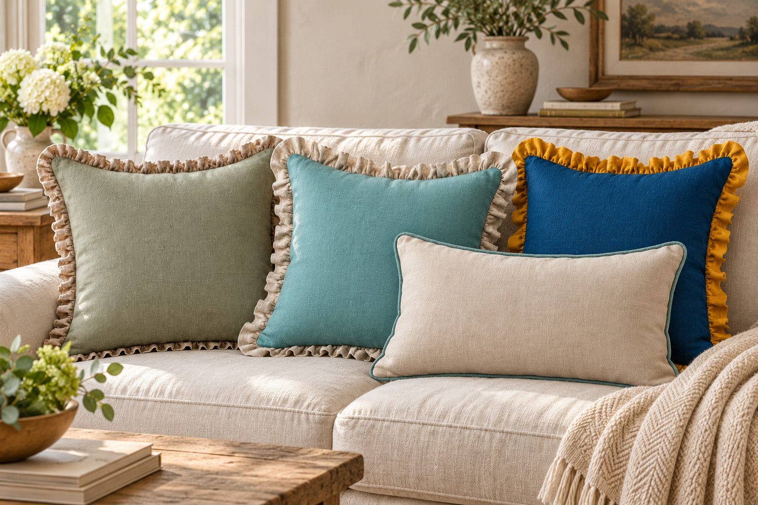 Sage, duck egg and blue ruffle linen cushions with a natural rectangular cushion finished with duck egg piping.