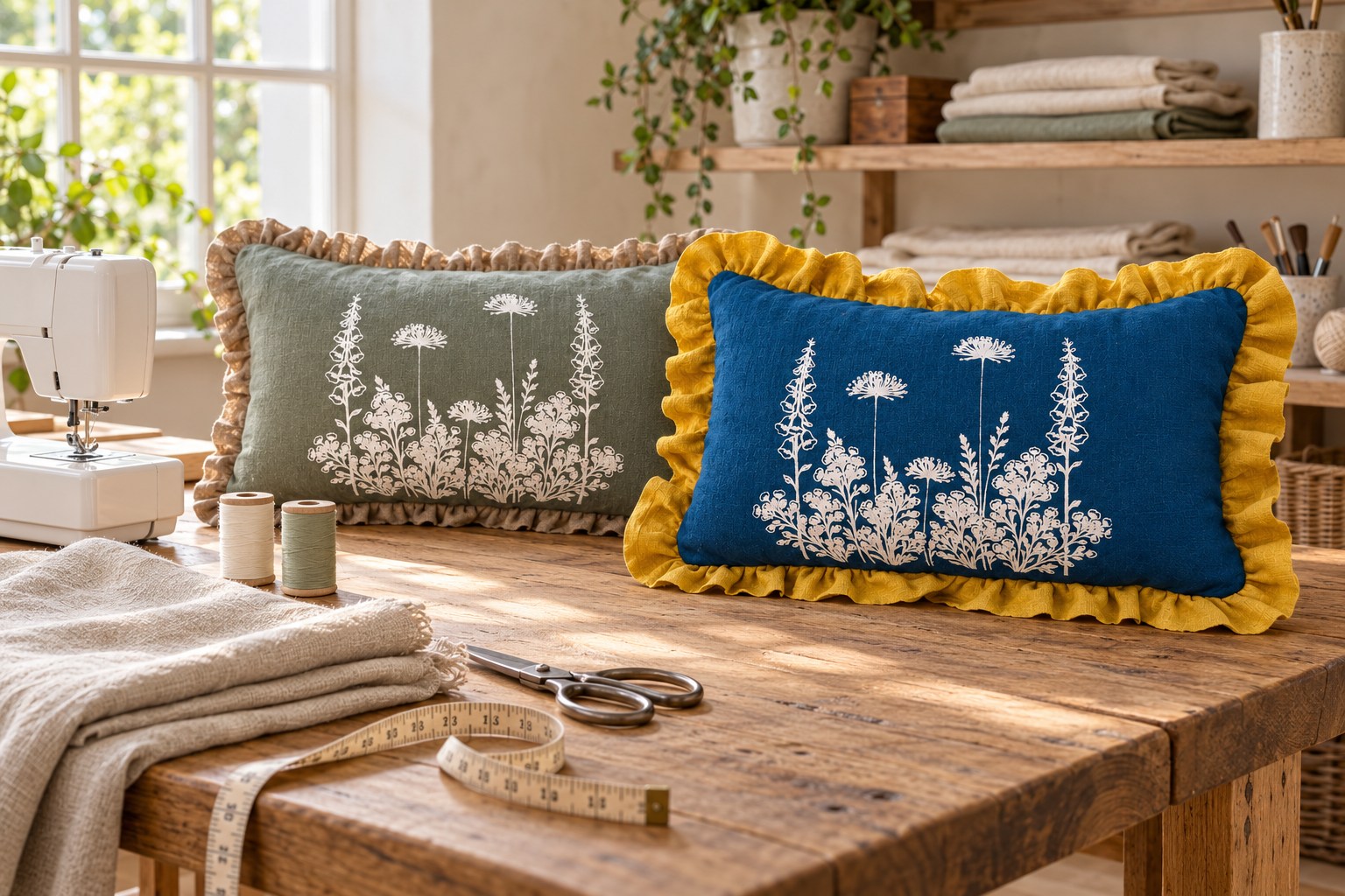 Blue and sage illustrated Florilegium linen cushions with a sewing machine, thread and scissors on the studio worktable.
