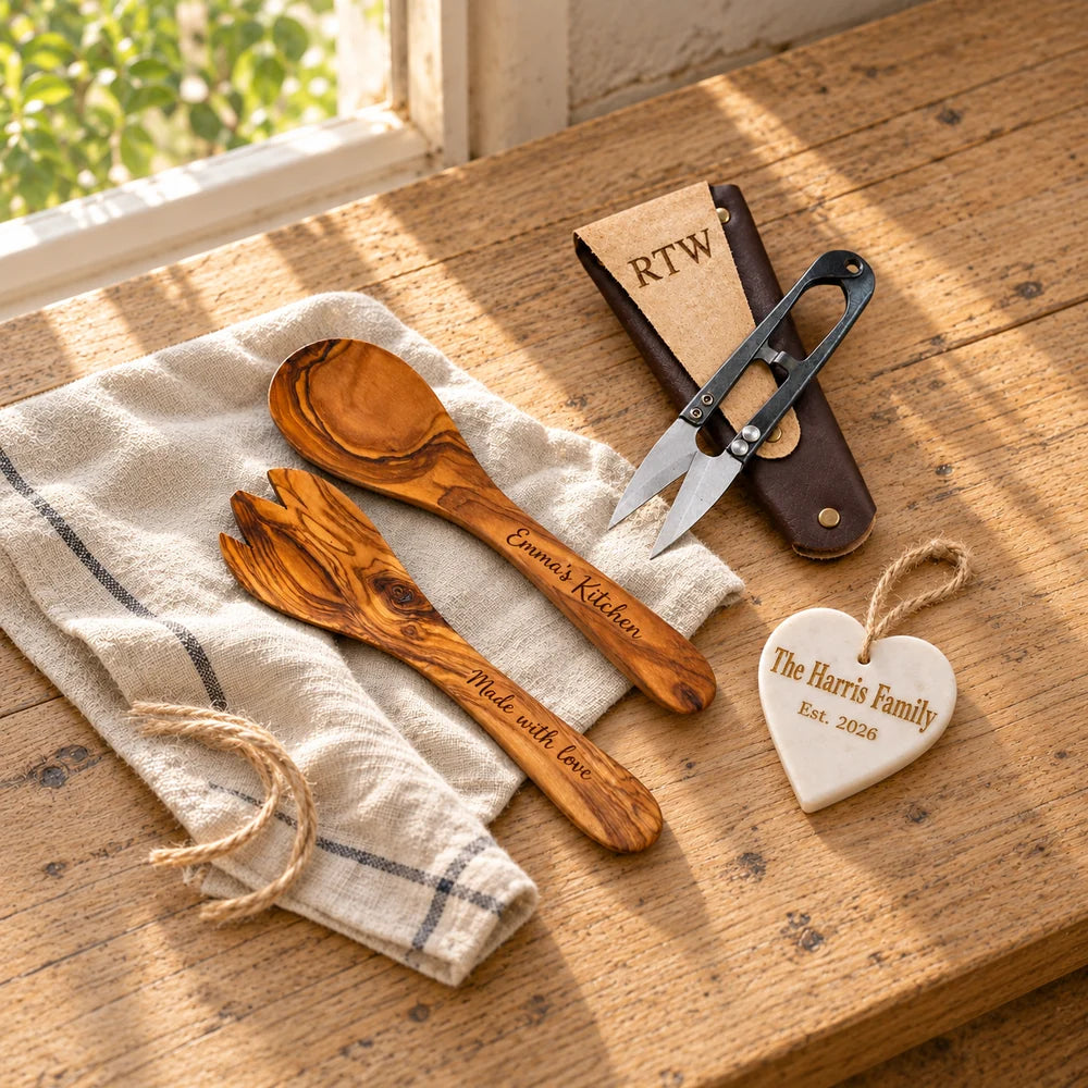 Personalised olive wood salad servers, a marble heart and garden snips with an engraved leather pouch on a warm oak table.
