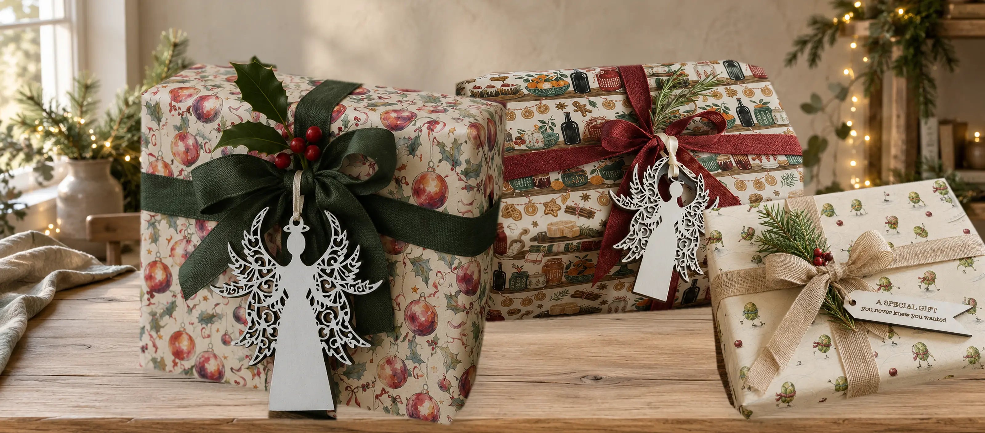 Festive Pantry, Holly and Bauble and Sprouts Christmas wrapping papers finished with angel gift tags and ribbon.