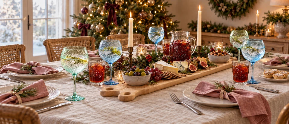 A Christmas table with blue and green twist glasses, a patterned glass jug, woodrose linen napkins and a wooden serving board beside candlelight and a decorated tree.