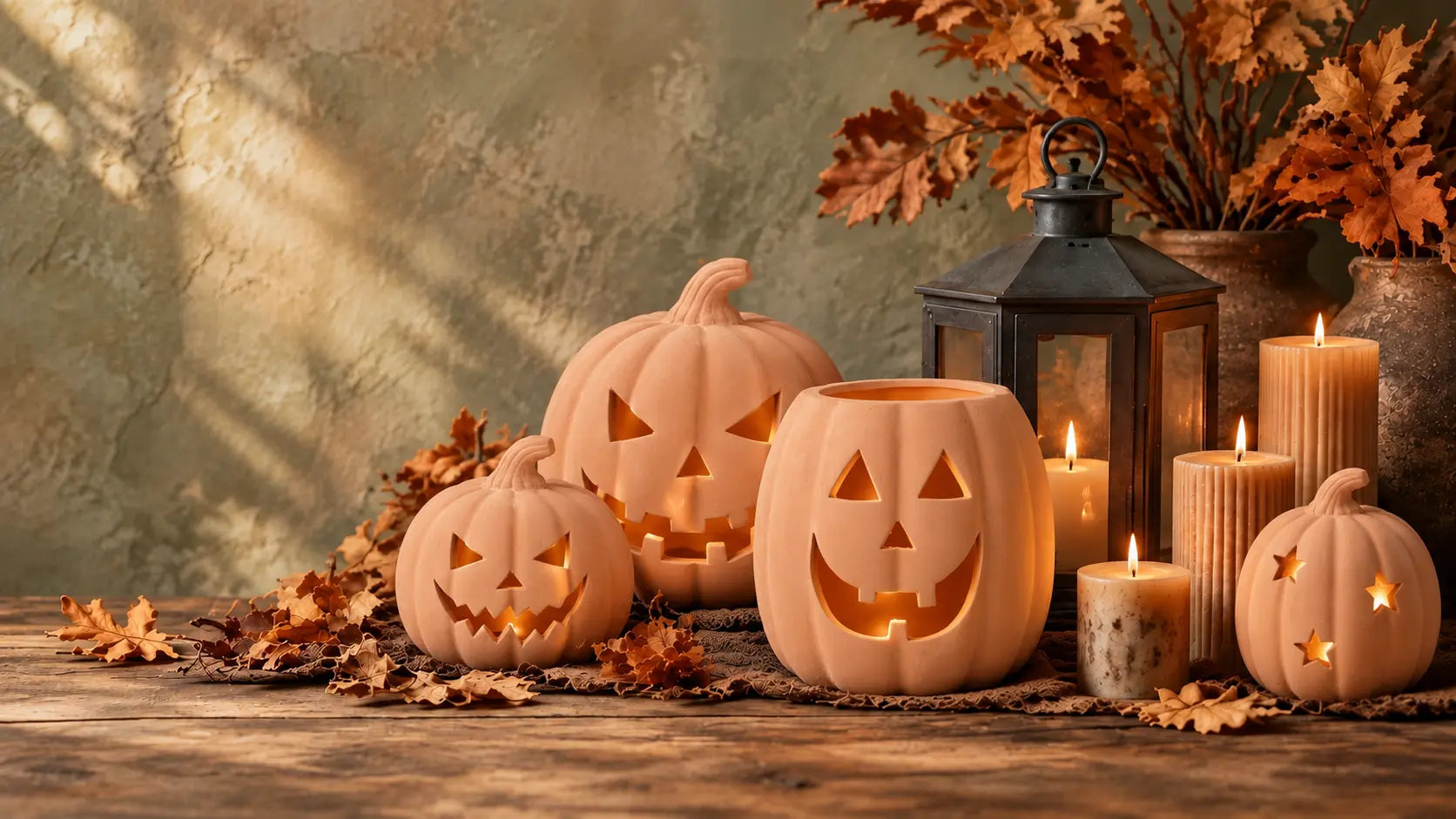 Four pale terracotta pumpkin designs — two smiling pumpkins, an open-top lantern and a star-cut holder — on a wooden table with candles and autumn branches.